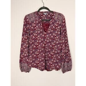Lucky Brand Floral Boho Peasant Top Medium Red Cotton Modal Festival Core India